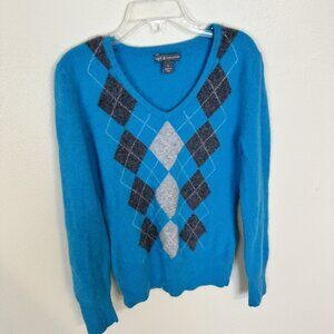 Apt 9 Ladies Juniors Argyle V Neck Sweater Small 100% Cashmere Blue Gray 8